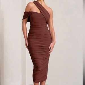 NWT Club L London One-Shoulder Chocolate Brown Ruched Midi Dress USA 6